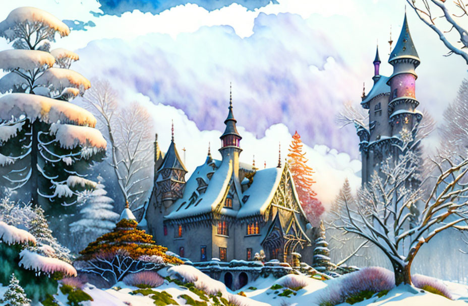 Snow-covered castle in magical winter landscape