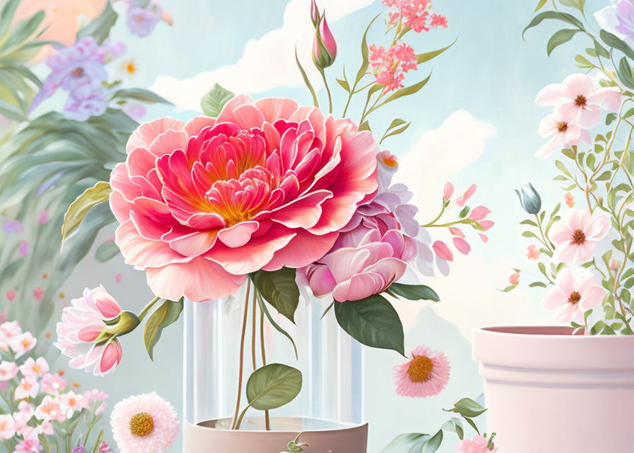 Detailed illustration of large pink peony in glass vase among delicate flowers on pastel blue background