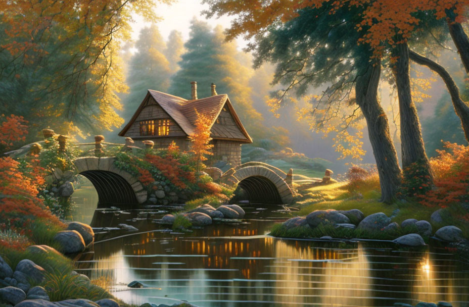 Thatched Roof Cottage by Gentle Stream in Autumn Forest