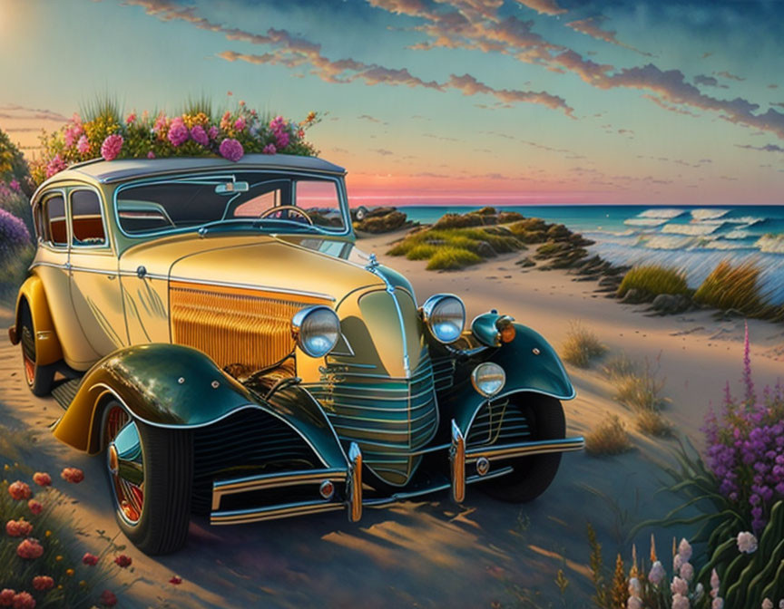 Vintage Car with Flowers on Roof at Sunset Beachscape