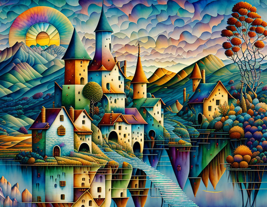 Colorful fairytale village with castles and rainbow in whimsical artwork