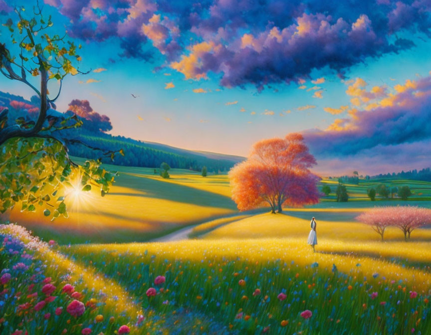 Colorful landscape with person among vibrant fields and radiant trees under dynamic sky