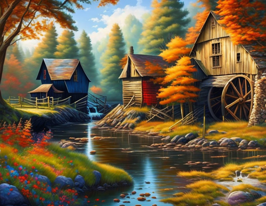 Vibrant autumnal watermill landscape with colorful foliage