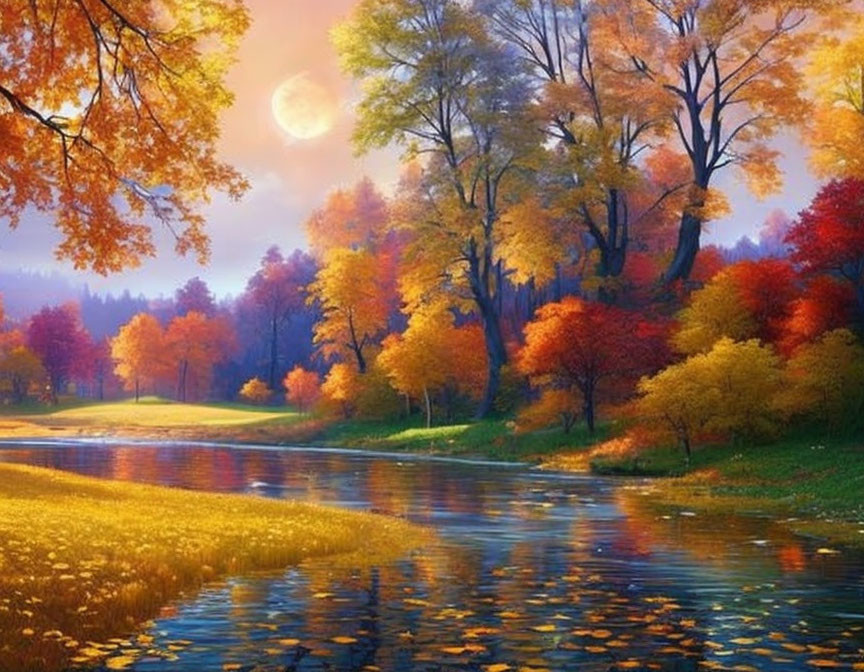 Tranquil autumn landscape with colorful foliage and moonlit river