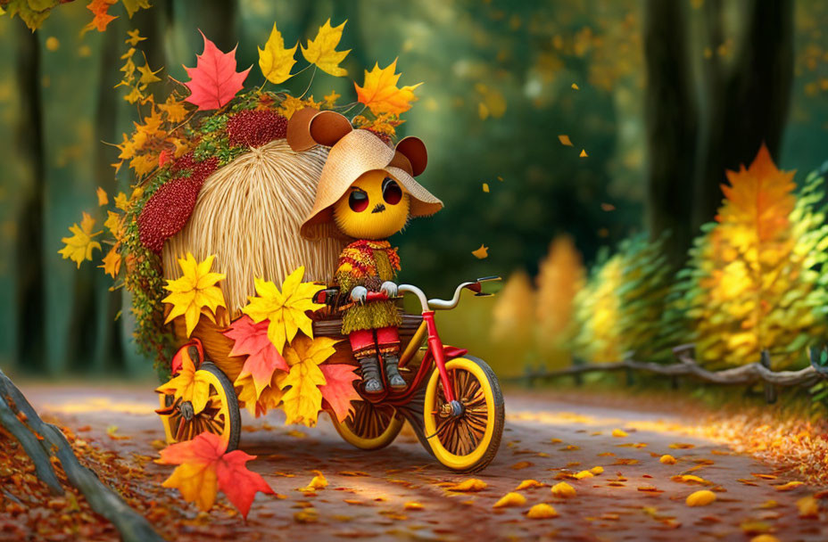 Bear in straw hat on tricycle in autumn forest with falling leaves