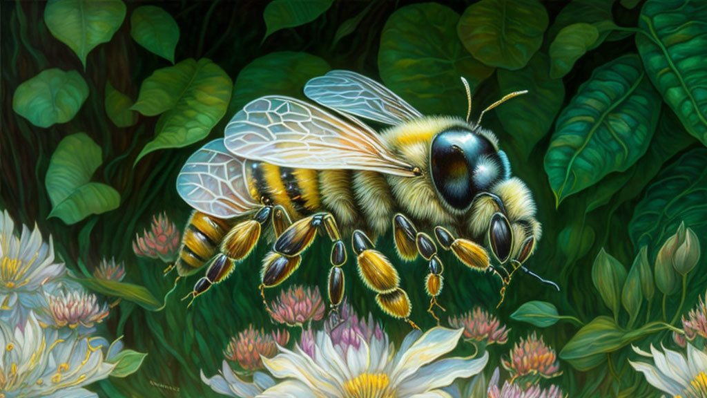 Realistic painting of bee among clover flowers & detailed wings