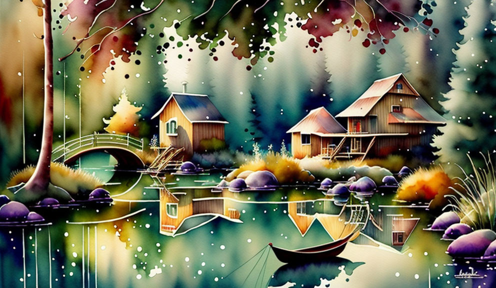 Colorful Watercolor Painting of Serene Village Scene