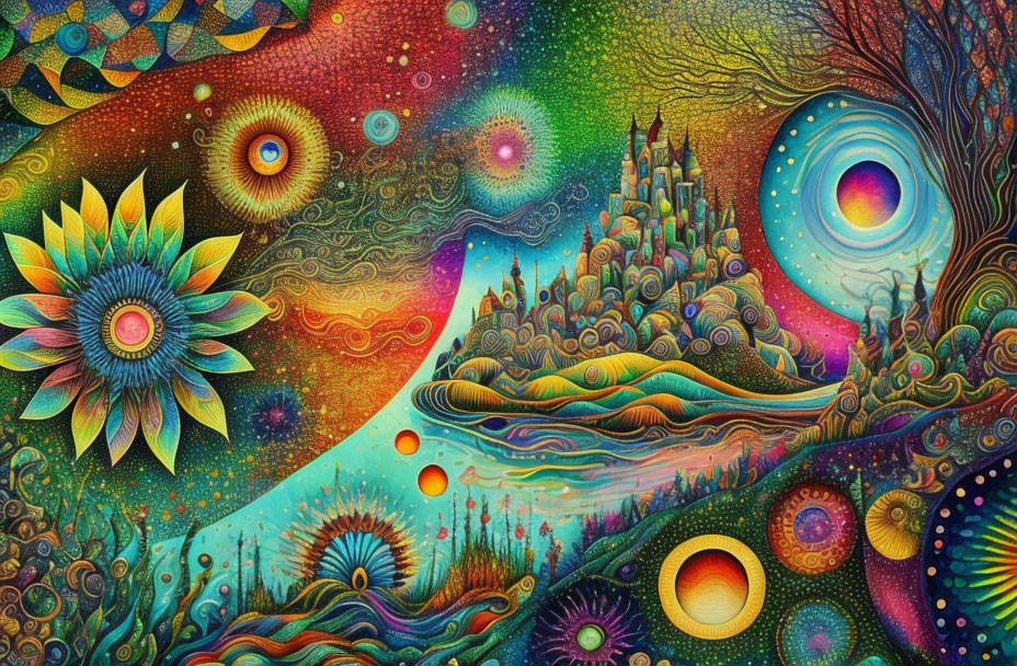 Colorful psychedelic landscape with castle and celestial motifs