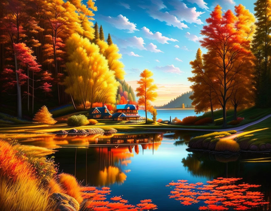 Serene autumn landscape with lake, colorful trees, reflections, houses, clear sky