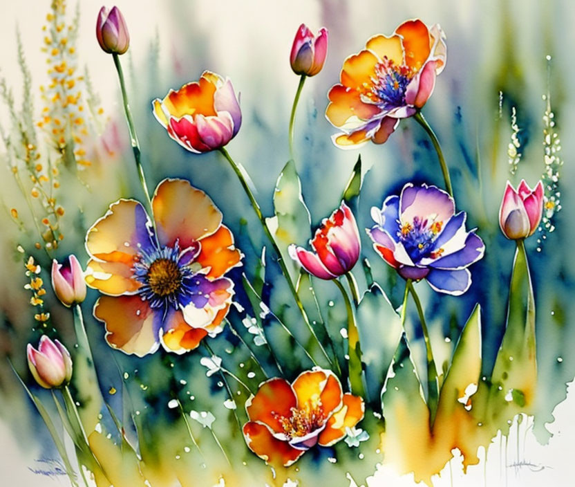 Colorful Watercolor Painting of Orange, Purple, and Pink Flowers