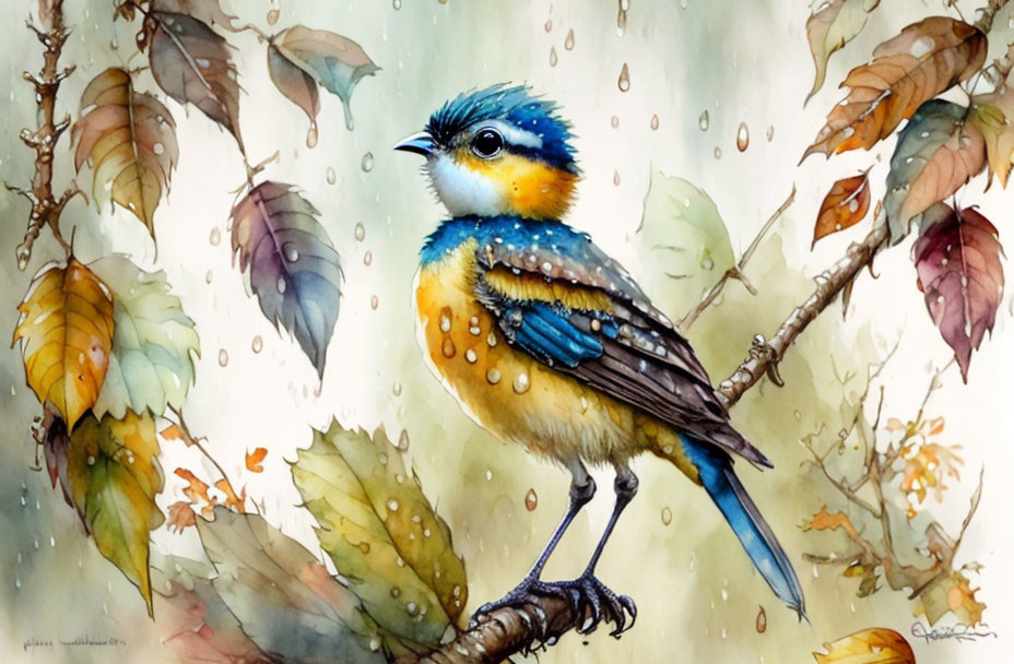 Colorful bird illustration perched on branch with falling raindrops