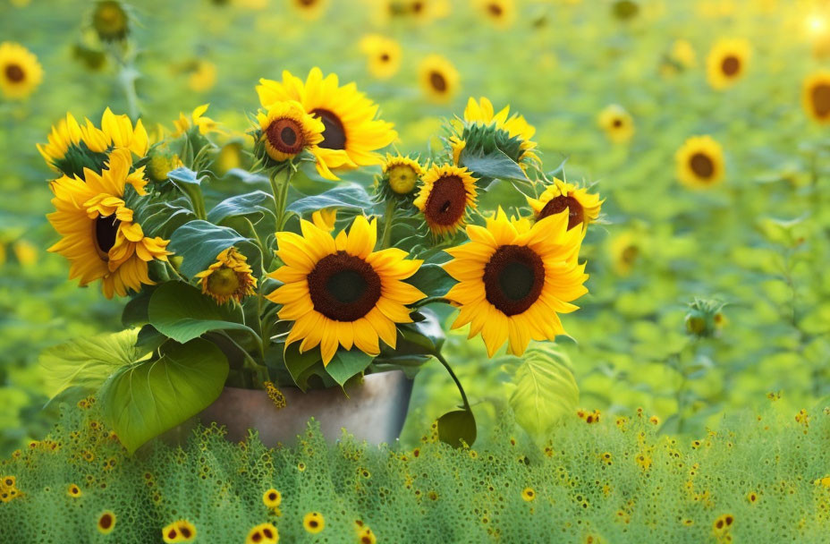 Sunflower bouquet in vase against blooming field