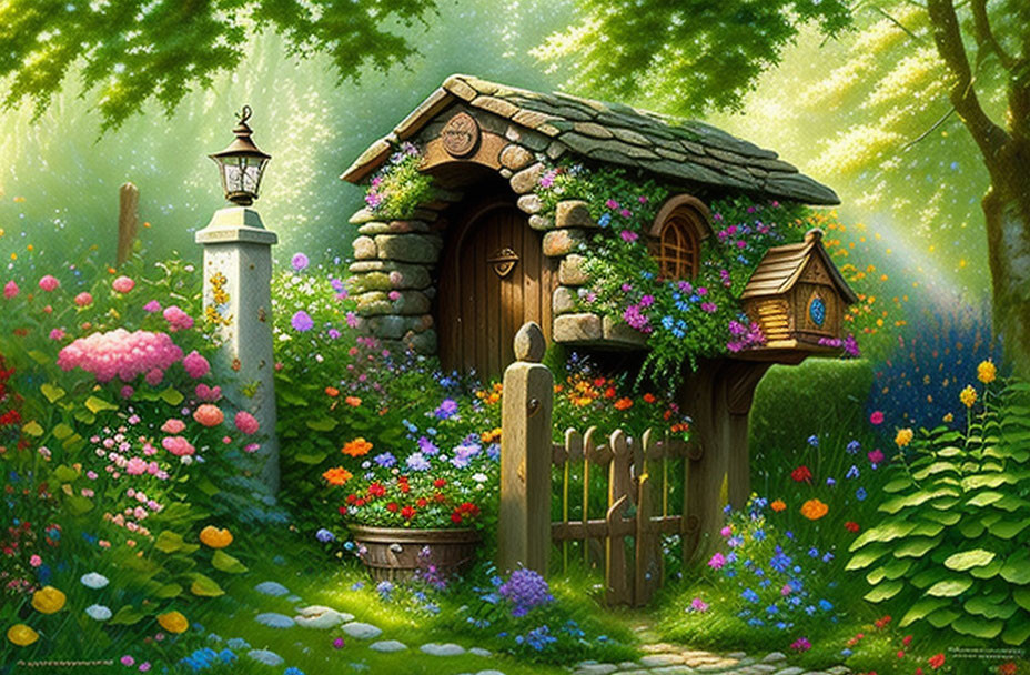 Charming stone cottage with wooden door, surrounded by lush flowers and greenery