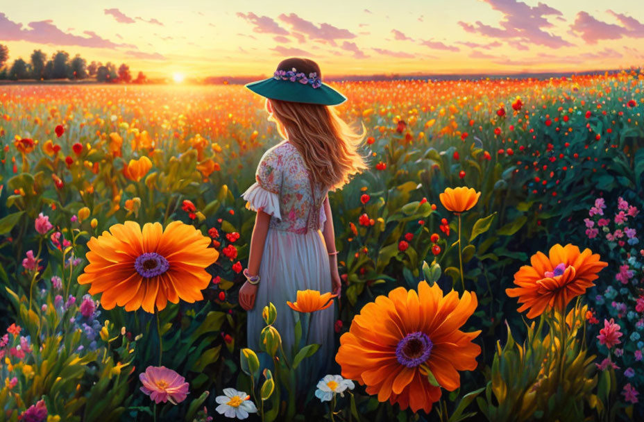 Woman in flowery dress surrounded by blooming flowers at sunset