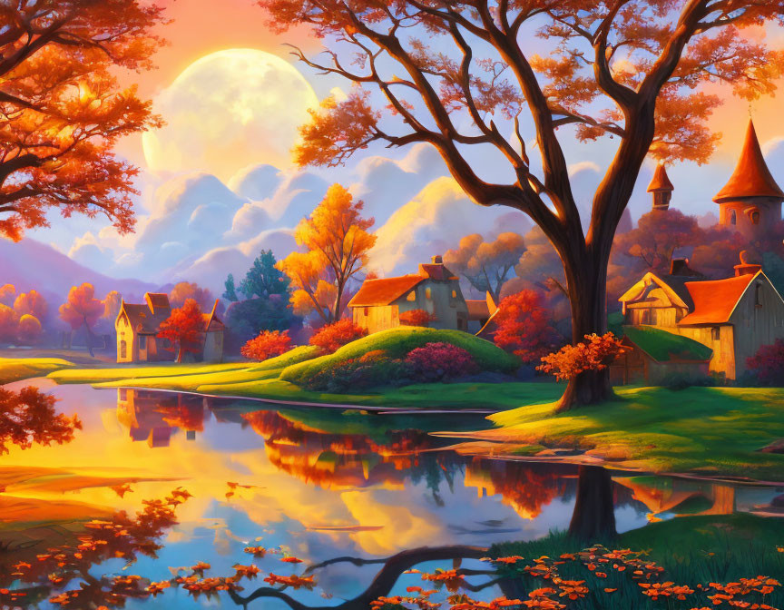 Tranquil autumn scene with full moon, colorful trees, cozy cottages, and smooth lake