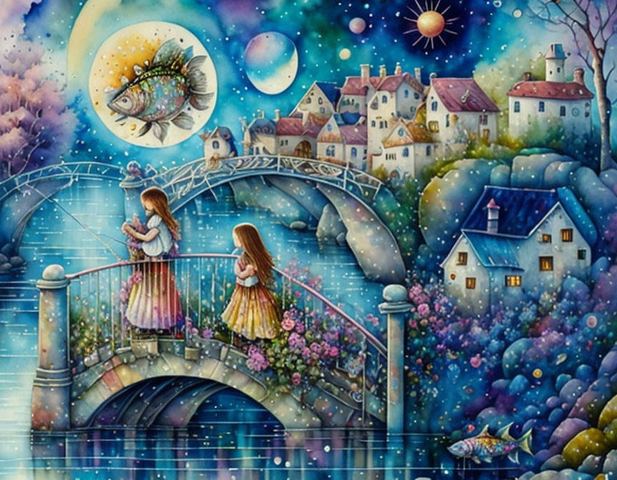 Whimsical village scene with two girls on bridge