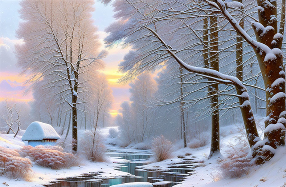 Snow-covered trees, small cottage, gentle river in winter sunset scene