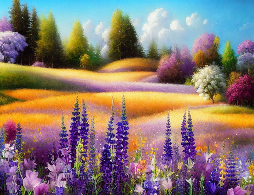 Colorful meadow painting with flowers, golden hills, and lush trees