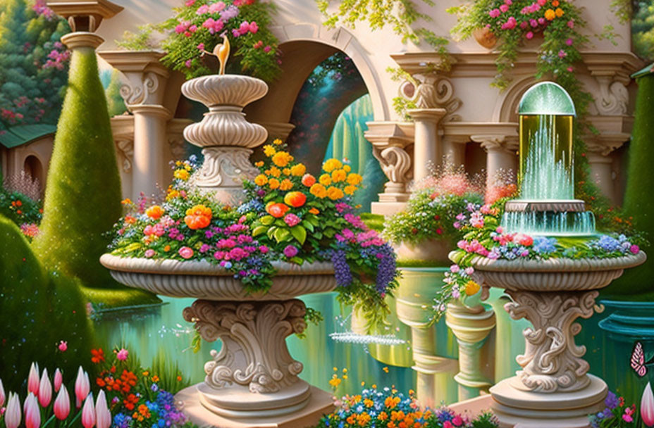 Ornate fountains, vibrant flowers, lush greenery, and a flamingo in a garden