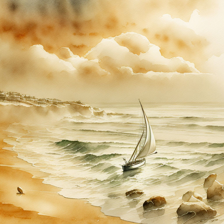 Sepia-Toned Sailboat Painting in Wavy Seas