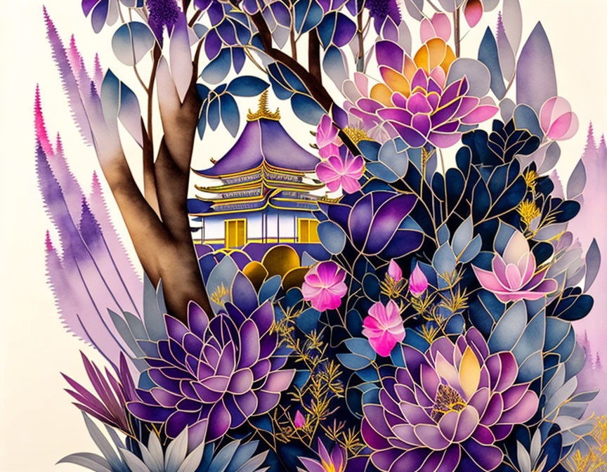 Vibrant Asian temple illustration with oversized flowers and foliage