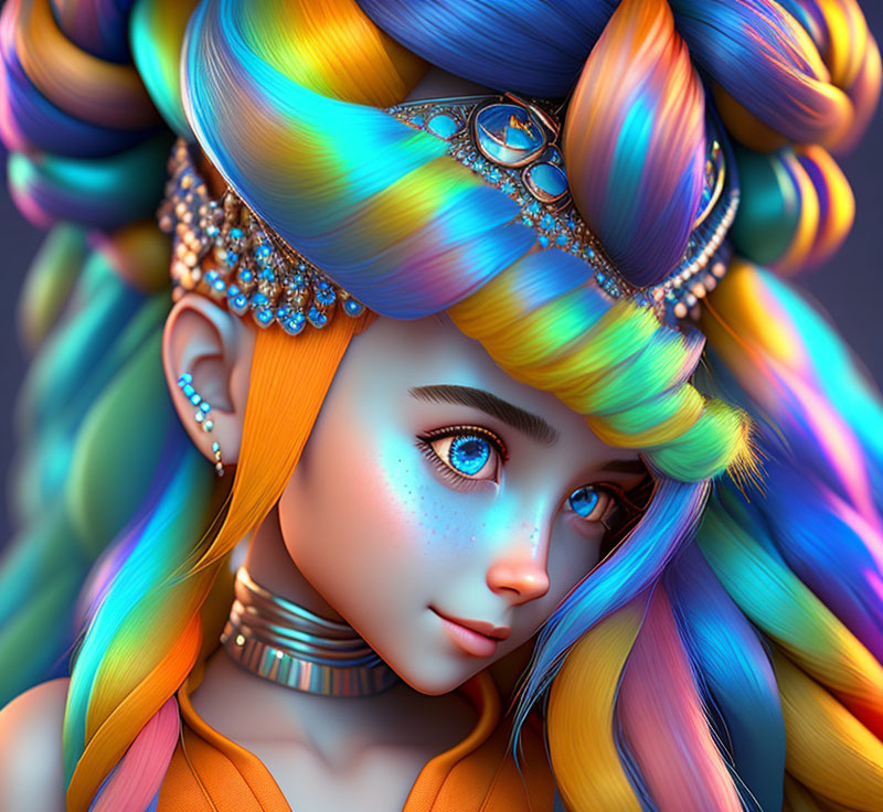 Colorful digital artwork: Girl with rainbow hair, jewels, blue eyes, gold accessories