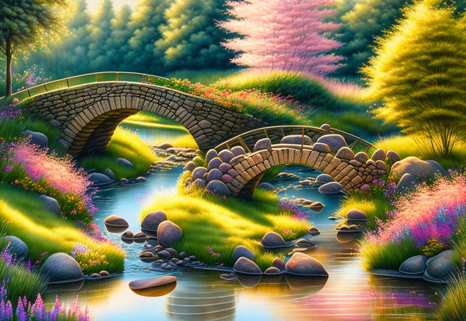 Tranquil landscape with stone bridge, lush greenery, and colorful blossoms