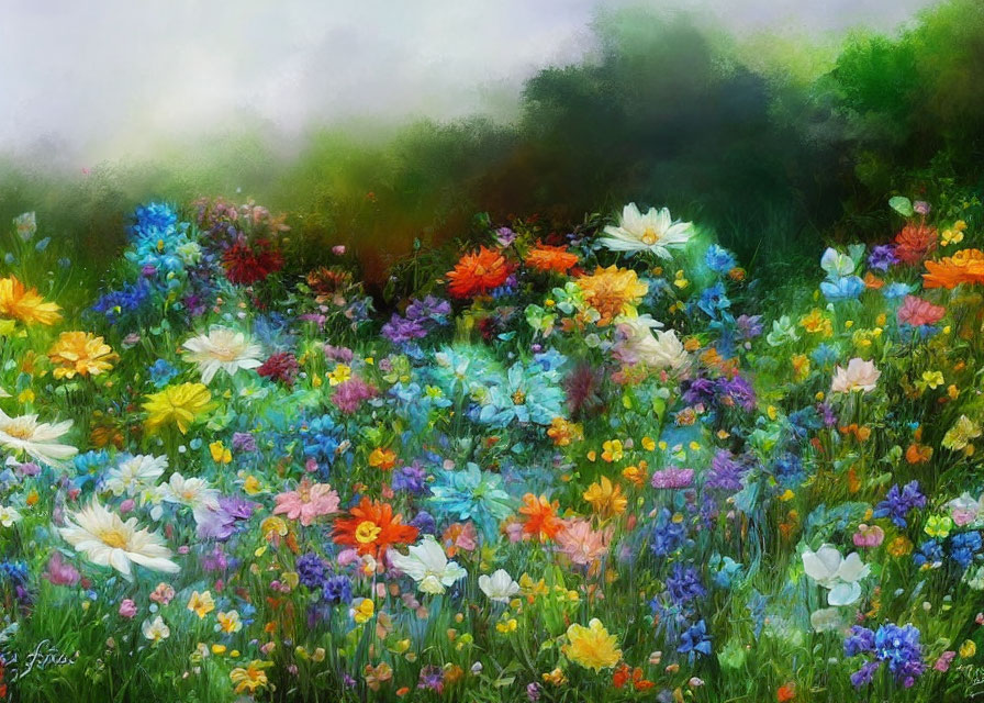 Colorful Flower Field Painting with Misty Greenery Under Soft Light