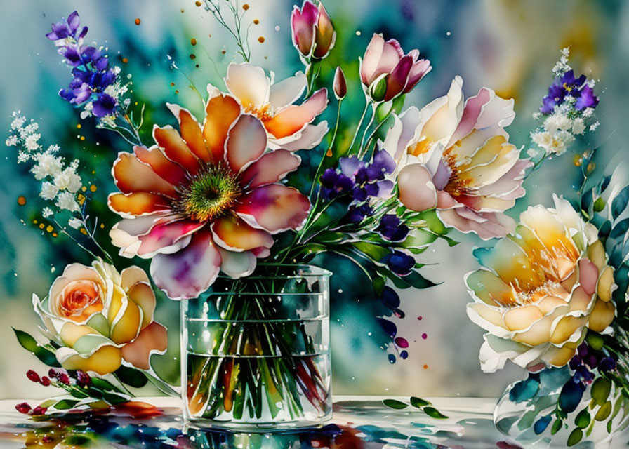 Colorful Flowers in Vase with Water Droplets and Whimsical Background