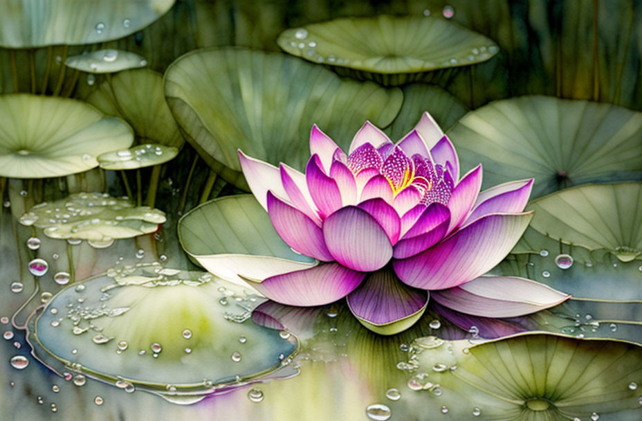 Pink Lotus Flower Blooming Among Green Lily Pads on Tranquil Water