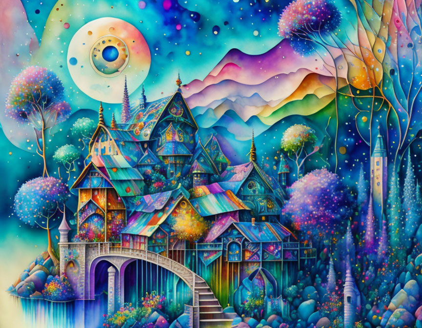 Colorful Surreal Illustration of Whimsical House and Moonlit Landscape