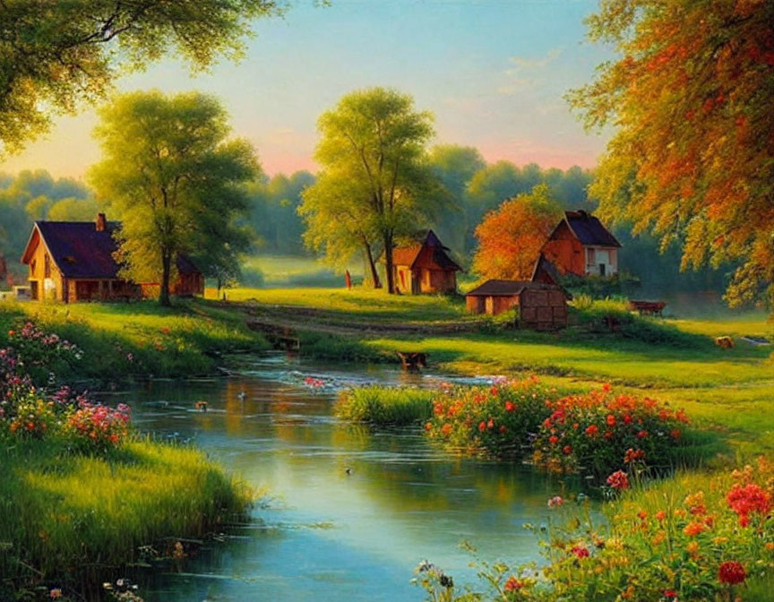 Tranquil village scene: quaint houses, river, trees, flowers at sunset