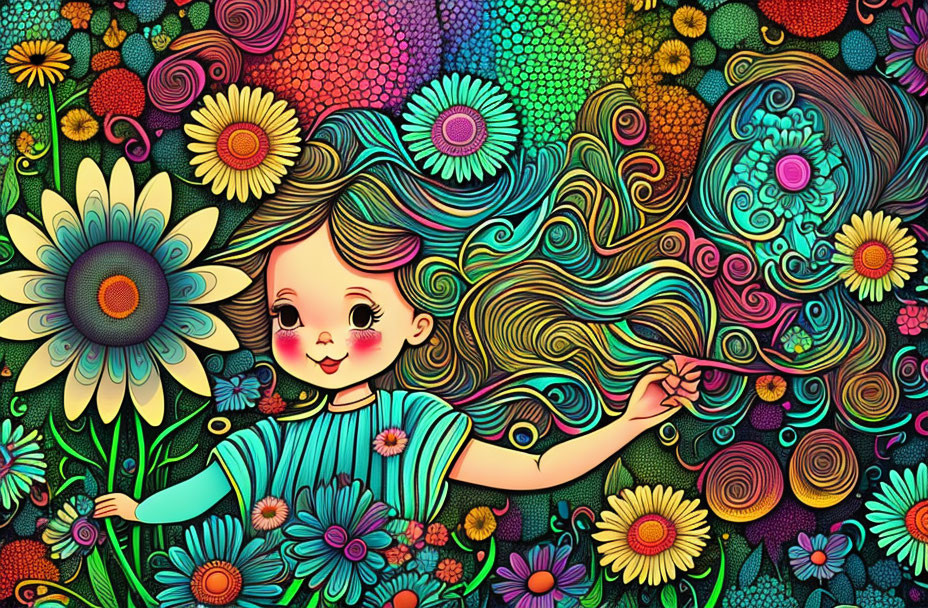 Colorful Cartoon Girl Surrounded by Psychedelic Flowers