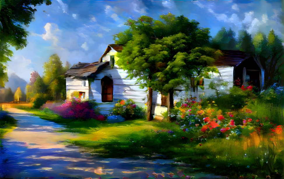 Cottage in the springtime flowers garden painting