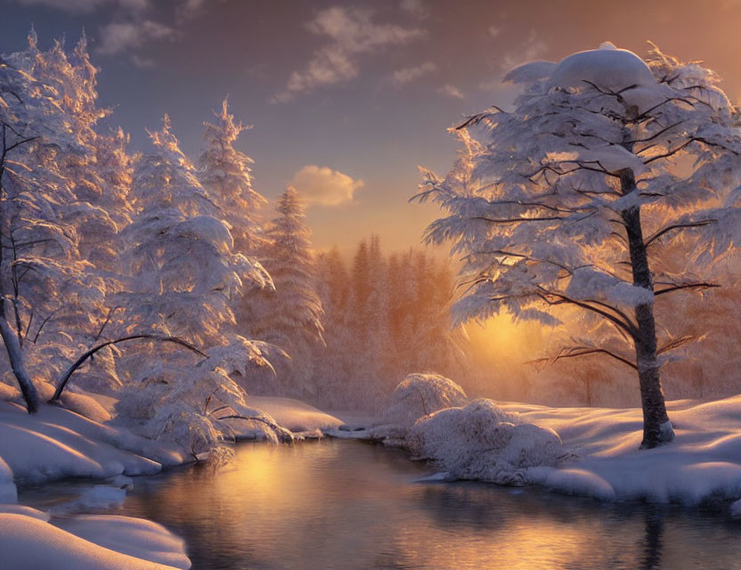 Snow-covered trees and gentle stream in serene winter forest.