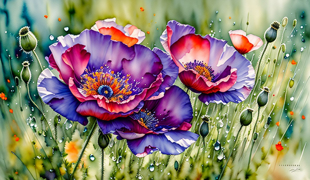 Colorful Purple and Red Poppies with Water Droplets on Green Background