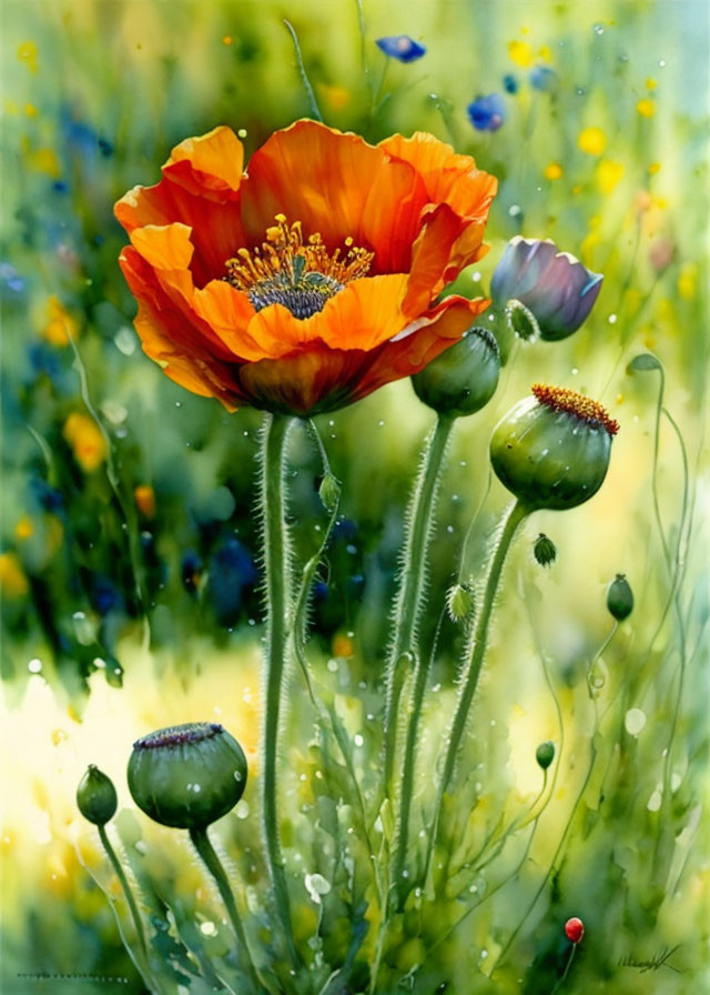 Colorful watercolor painting of blooming orange poppy in nature