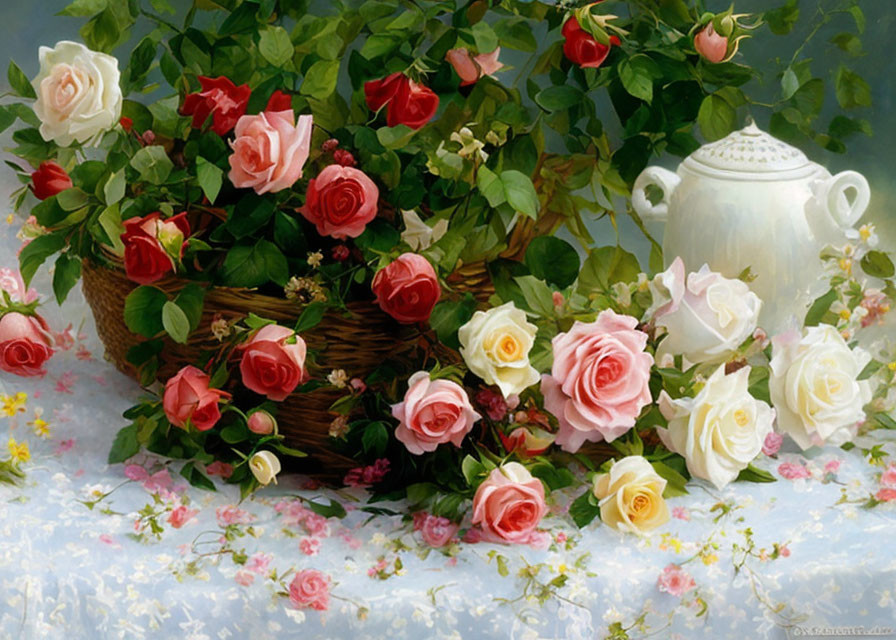 Wicker basket with pink and white roses and teapot in still life painting