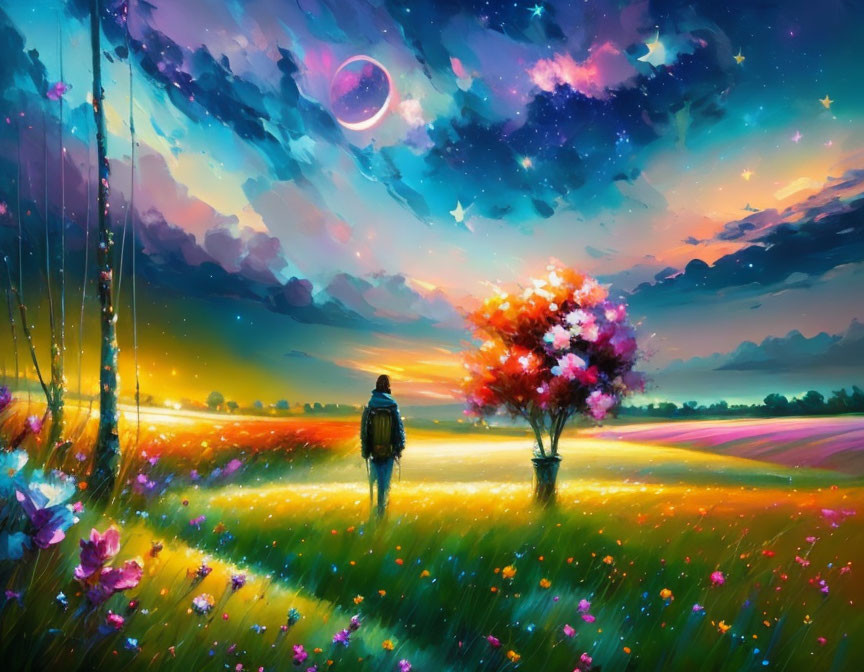 Colorful landscape painting with person under starry sky and crescent moon