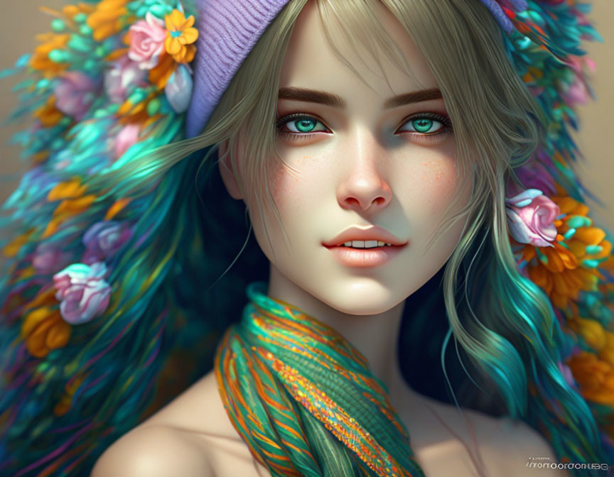 Vibrant digital artwork of young woman with blue-green hair and floral decorations