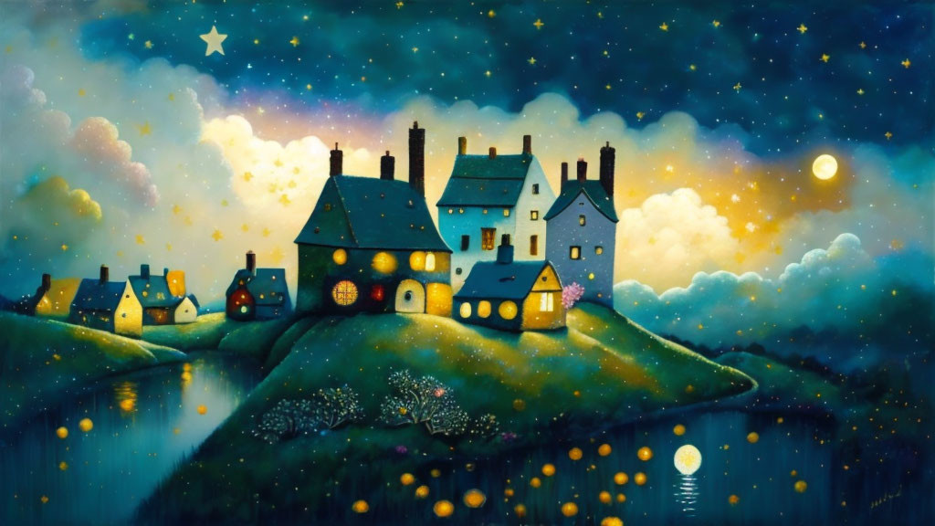 Night scene: illuminated cottages by river under starry sky, moon reflections.