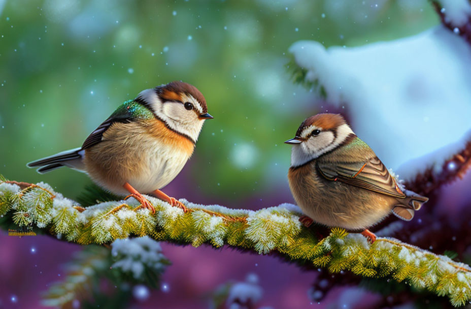 Sparrows on snowy branch with colorful feathers and falling snowflakes