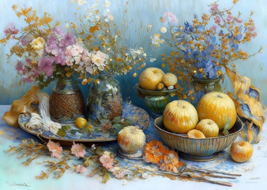 Colorful Still Life Painting with Flowers, Pumpkins, and Leaves on Pale Background