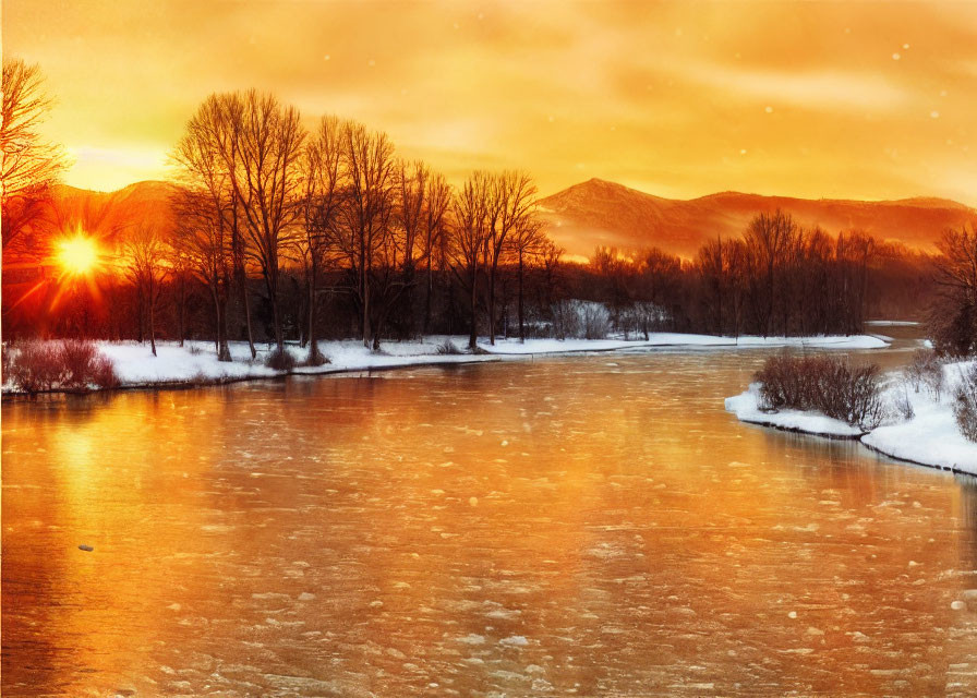 Winter Sunset: Golden Sky, Frozen River, Snowy Banks & Leafless Trees