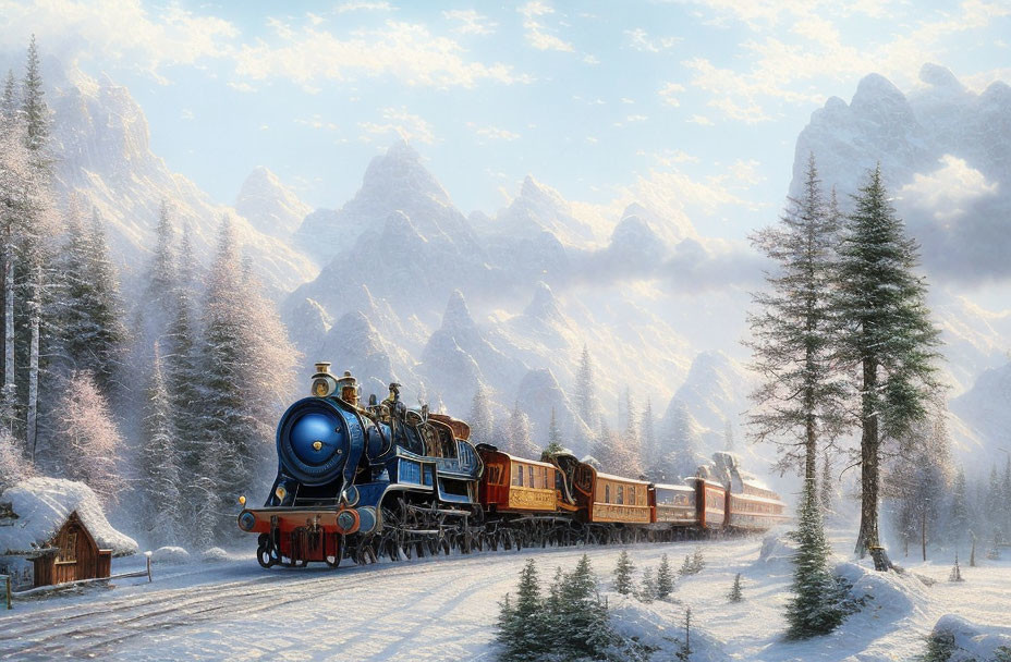 Vintage steam train in snowy mountain landscape with tall pines & cabin