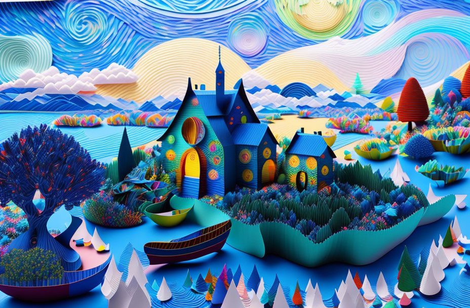 Colorful Paper Art Landscape with Houses, Trees, and Boats