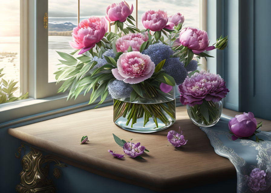 Pink and Purple Flowers in Glass Vase on Wooden Window Sill with Water and Mountain View