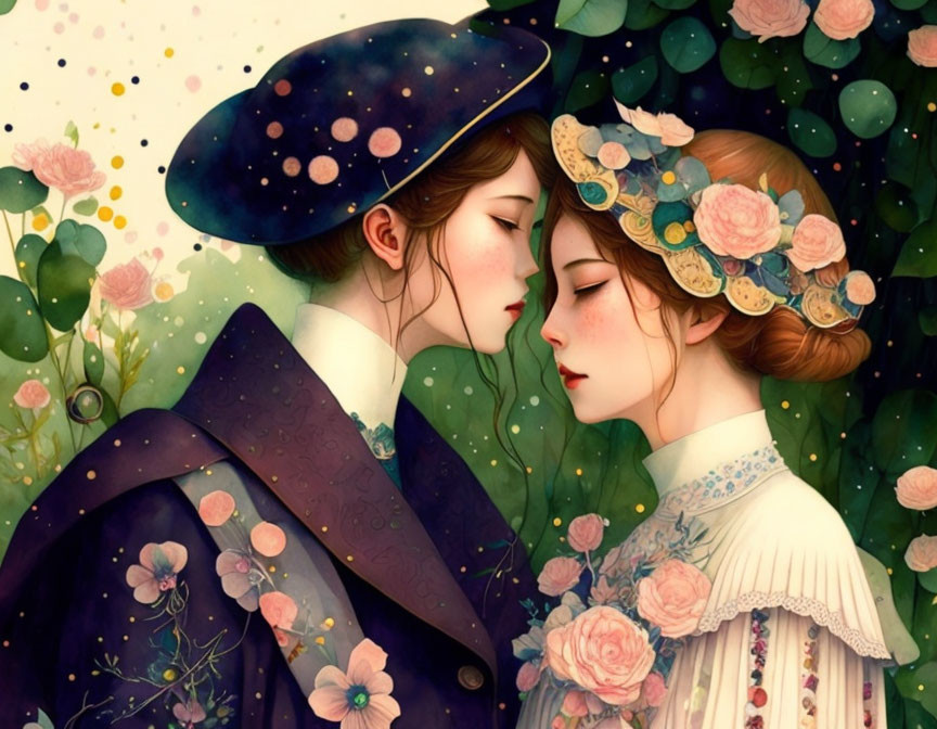 Illustrated ethereal female characters in a tender moment surrounded by flowers and one wearing a space-themed hat