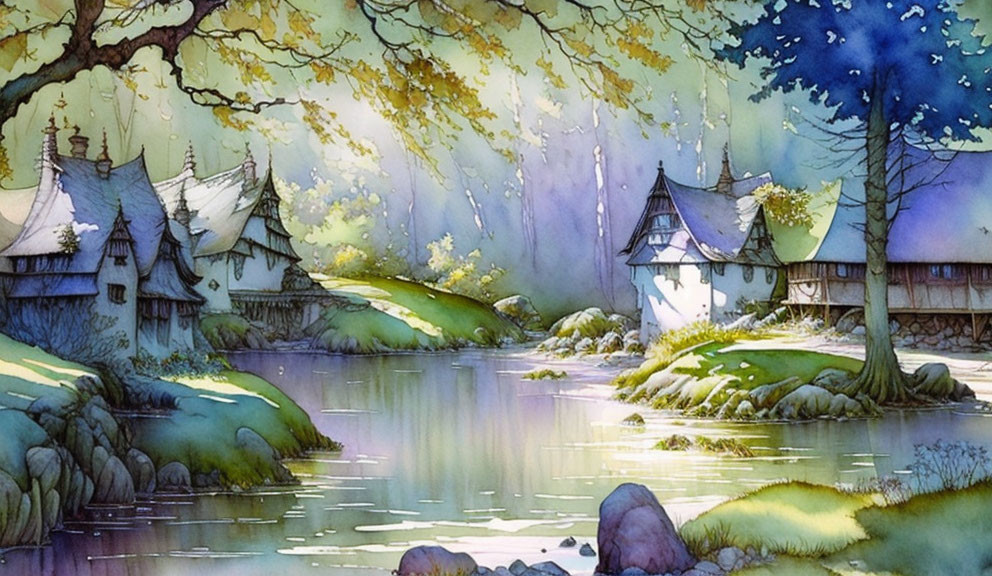 Tranquil fantasy landscape with houses by river