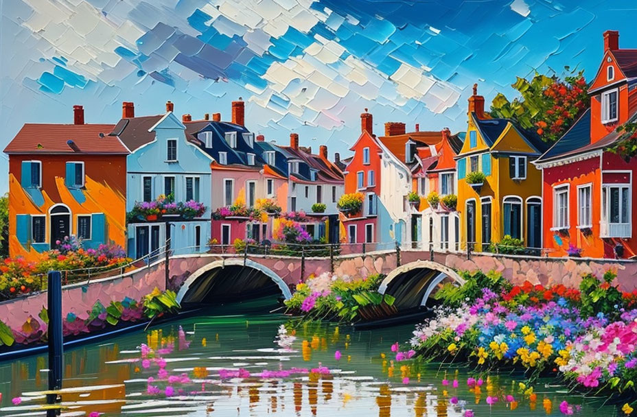 Vibrant village painting with colorful houses, flowers, canal, and bridges under blue sky